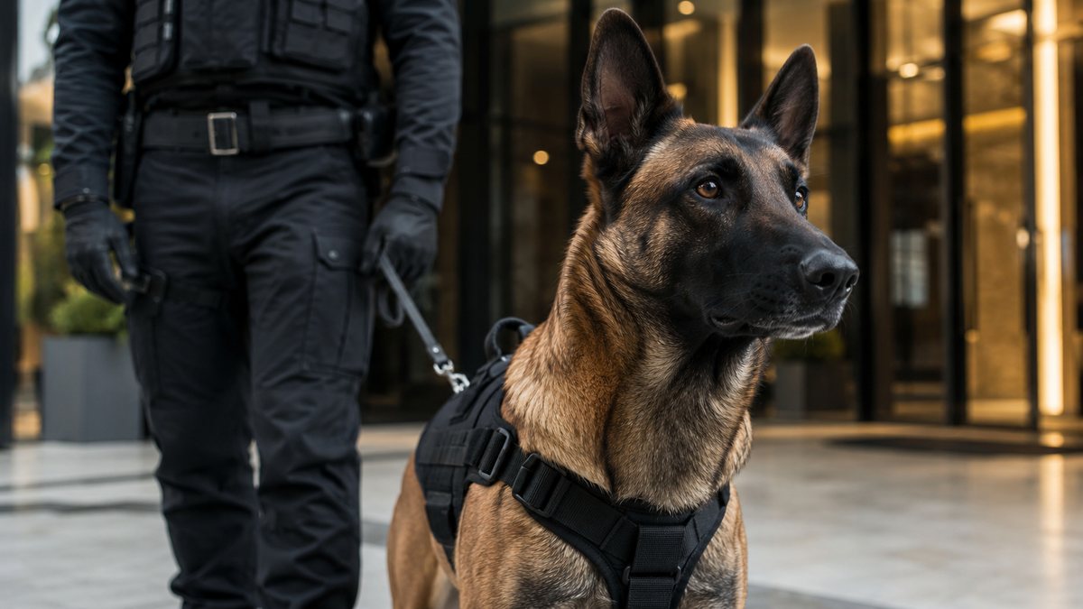 Accredited detection dog alert beside its handler at a venue entrance