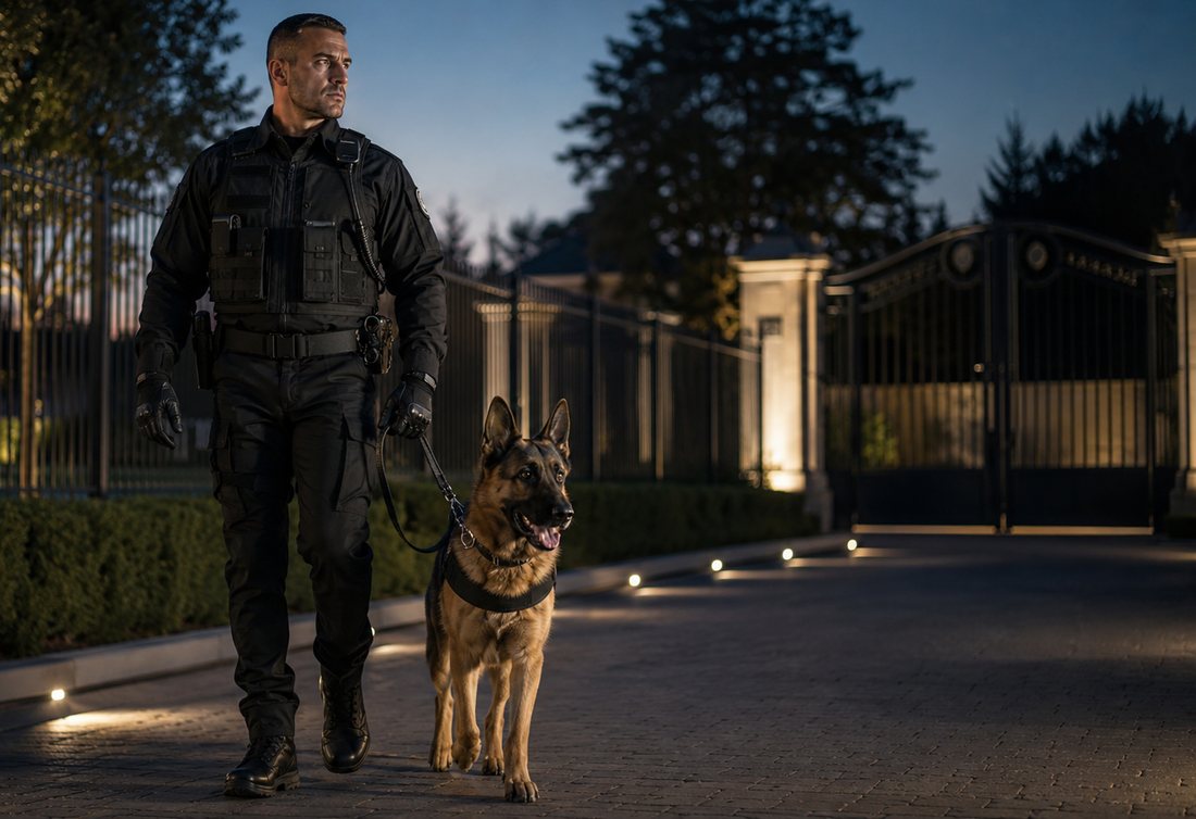 Night K9 patrol along a site perimeter