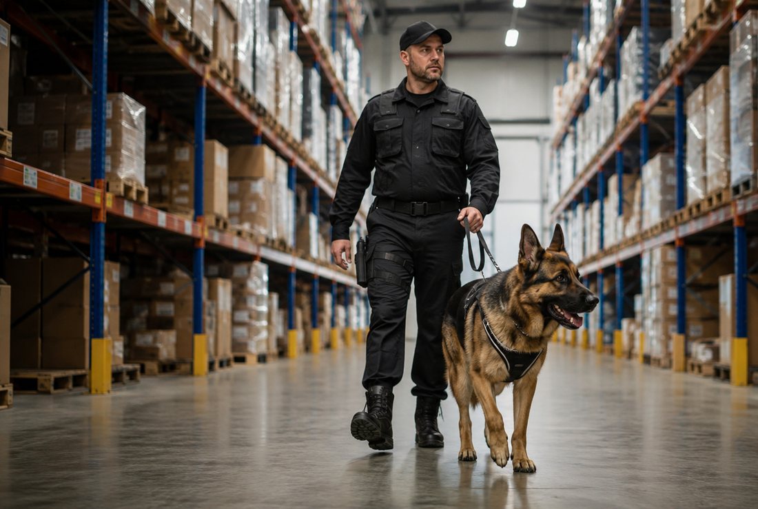 Handler and dog patrolling an empty warehouse